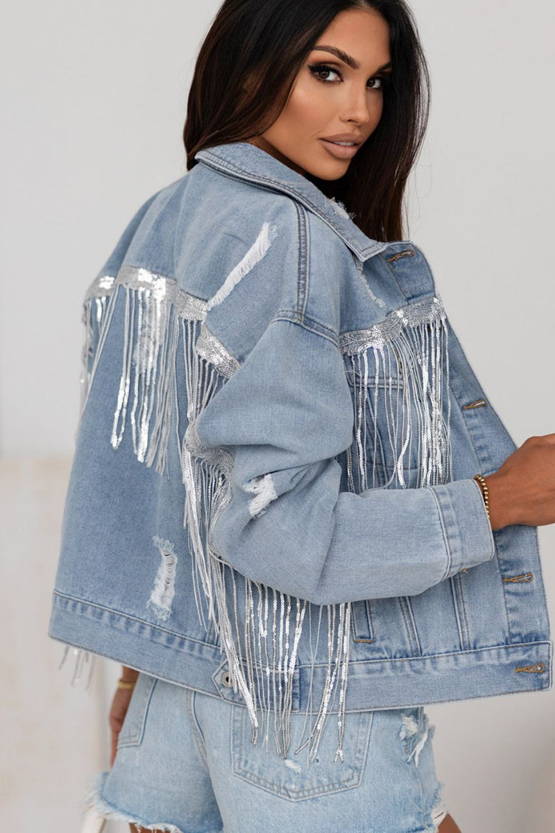 Hazel Blues® |  Sequin Fringe Trim Distressed Button Up Denim Jacket