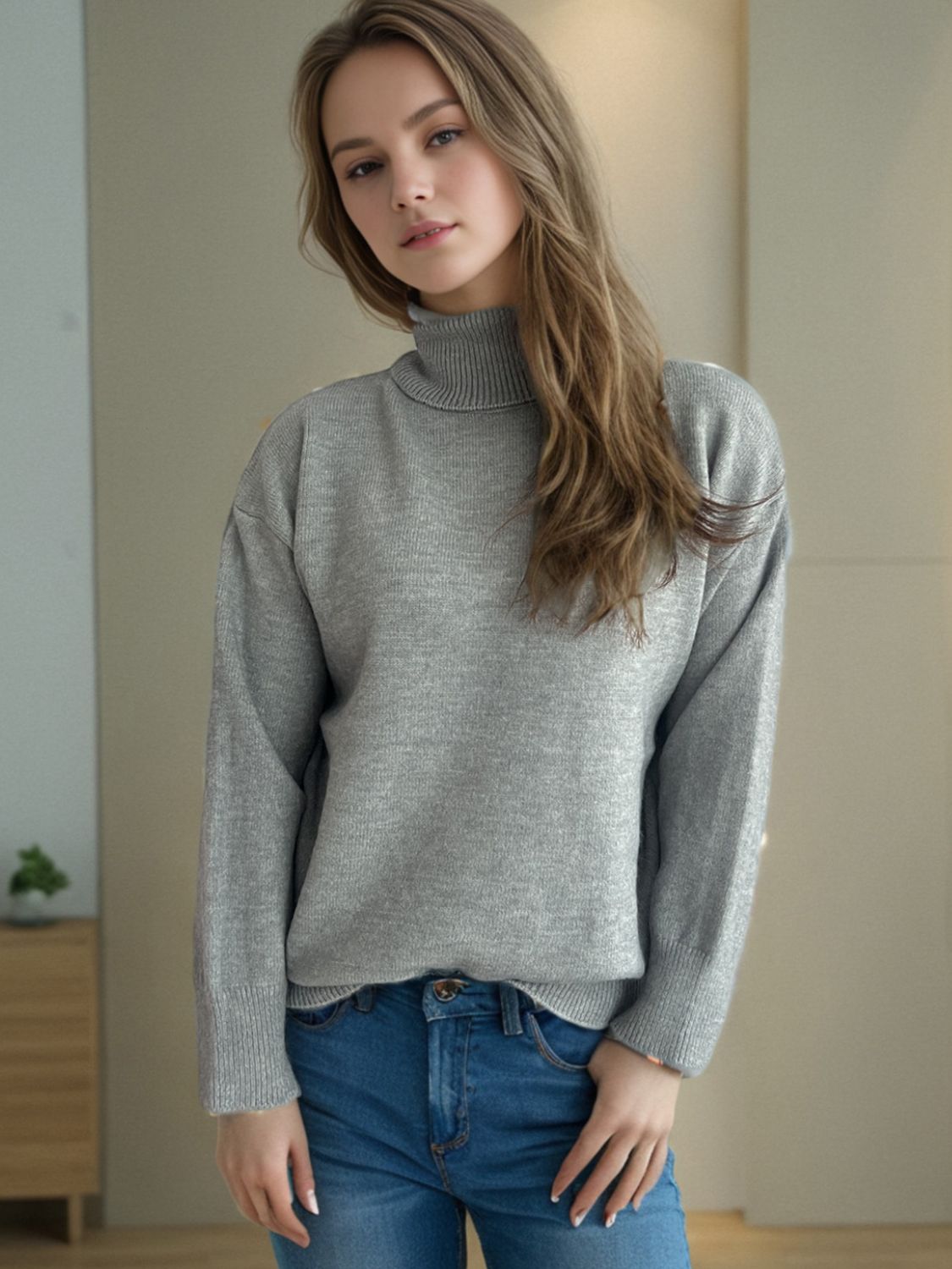 Hazel Blues® |  Turtleneck Dropped Shoulder Long Sleeve Sweater