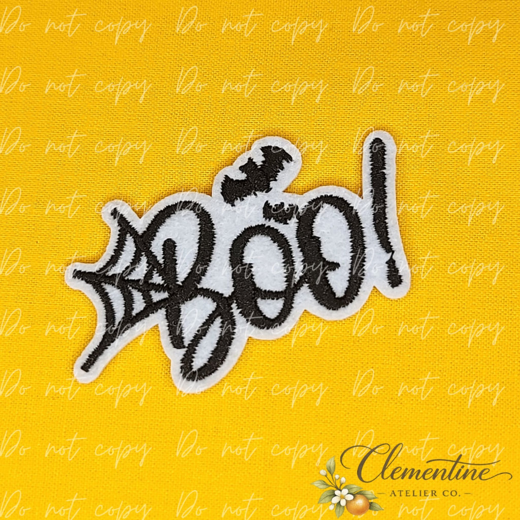 Boo Script | Halloween Patch | Small Iron-On Patch |  Hats, Clothing, Bags+