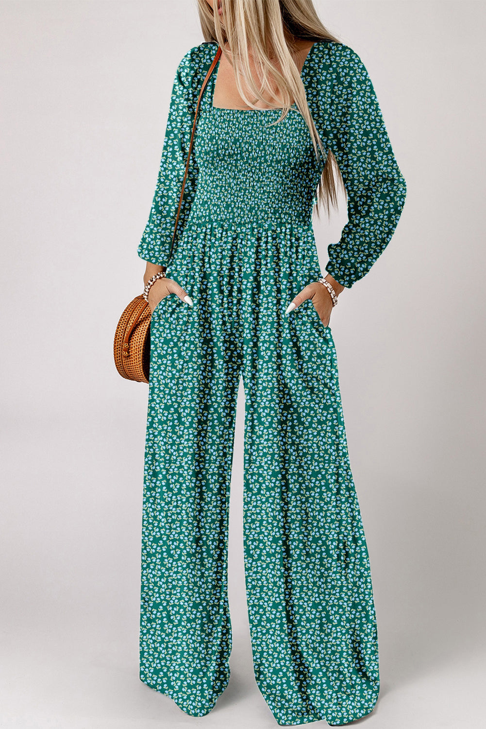 Hazel Blues® |  Green Floral Print Western Smocked Bodice Square Neck Wide Leg Jumpsuit