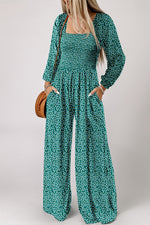 Hazel Blues® |  Green Floral Print Western Smocked Bodice Square Neck Wide Leg Jumpsuit