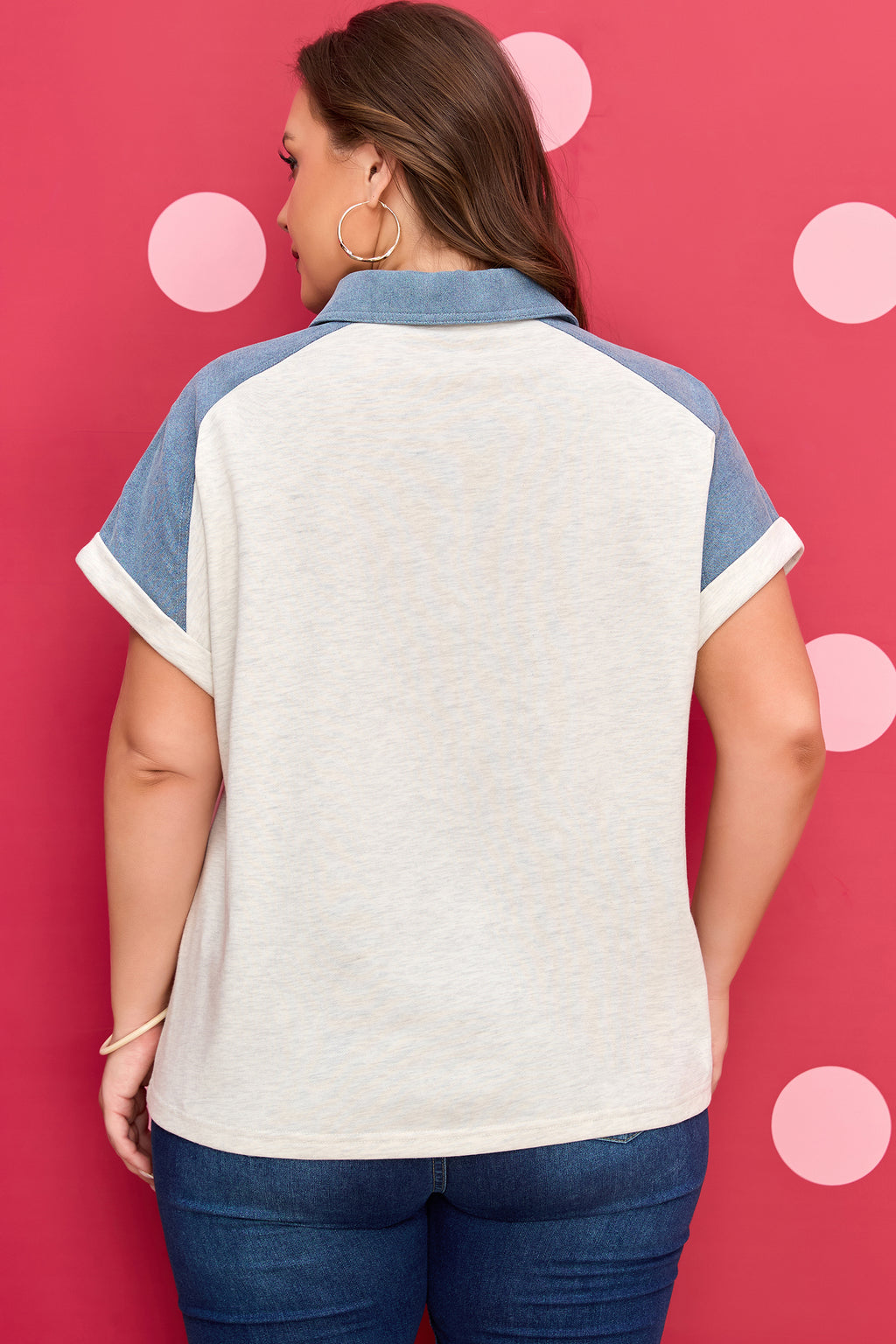 Contrast Denim Patchwork Cuffed Sleeve Polo Tee | Denim Patchwork Tee
