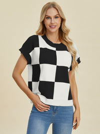 Hazel Blues® |  Double Take Checkered Round Neck Short Sleeve Sweater