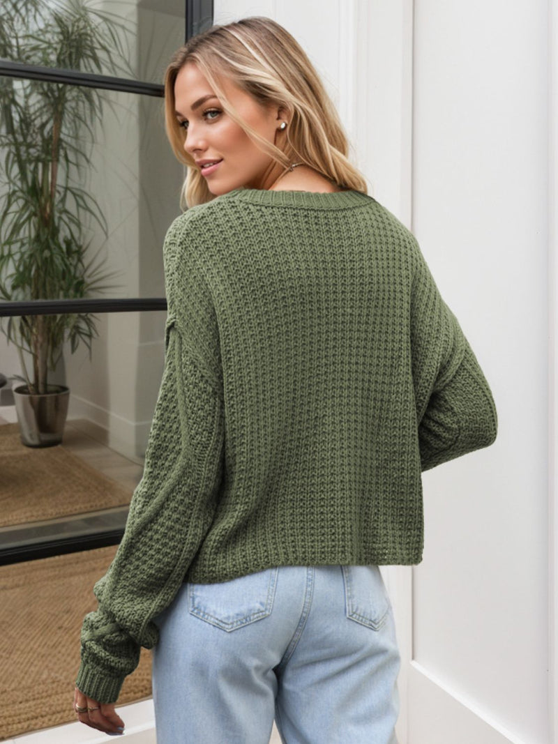 Hazel Blues® |  Cable-Knit Round Neck Dropped Shoulder Sweater