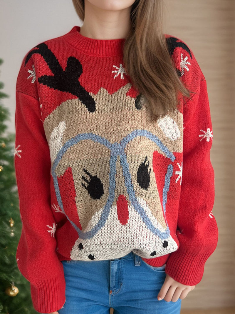 Hazel Blues® |  Reindeer Round Neck Dropped Shoulder Sweater