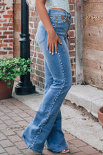 Hazel Blues® |  Pearl Trim High Waist Bootcut Jeans