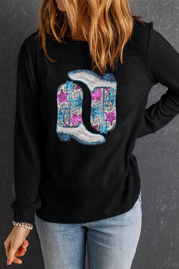 Hazel Blues® |  Boots Round Neck Long Sleeve Sweatshirt