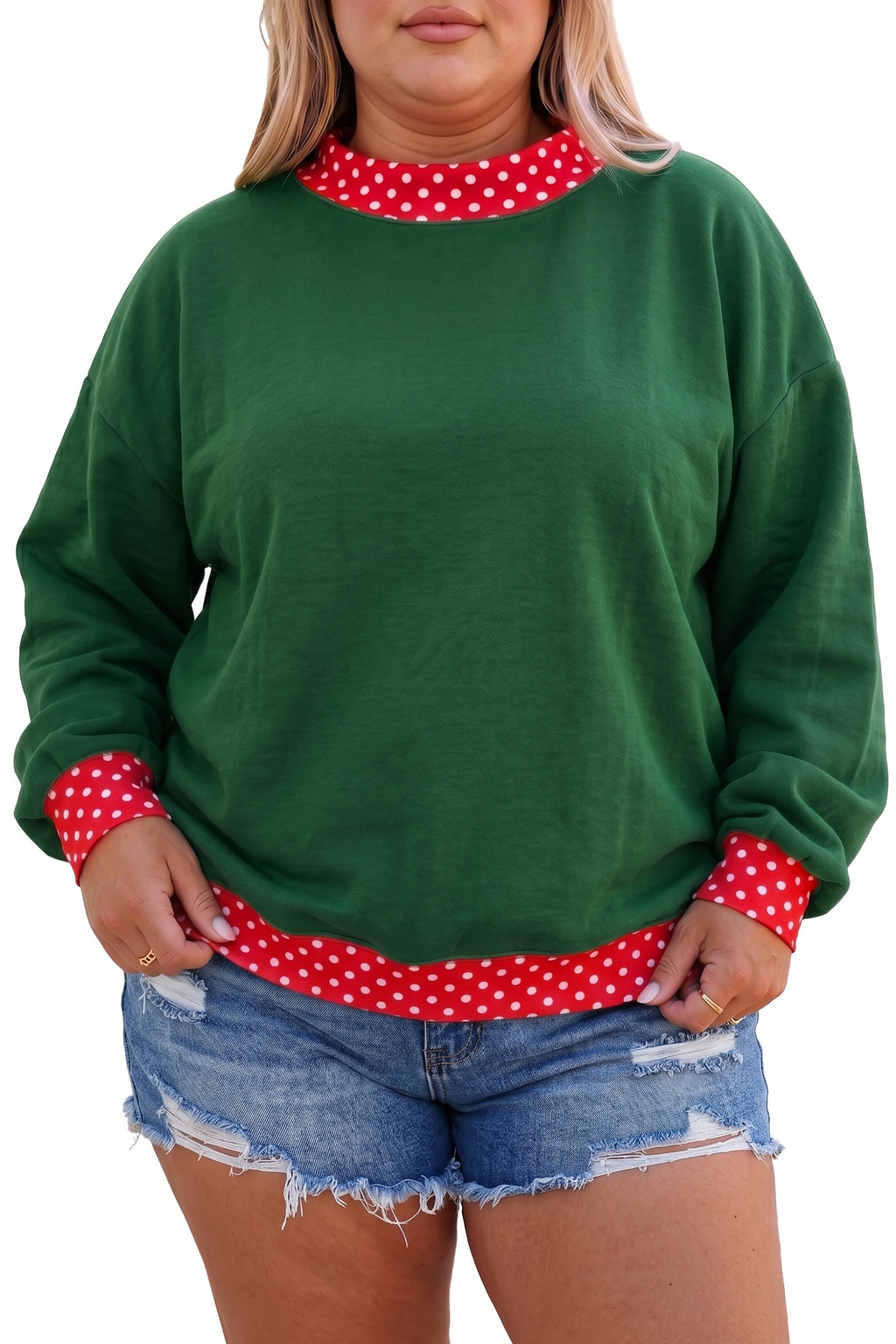 Dark Green Polka-Dot Patchwork Round-Neck Sweatshirt