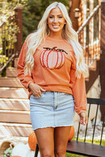 Hazel Blues® |  Orange Sequined Pumpkin Ribbed Round Neck Halloween Sweatshirt