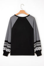 Hazel Blues® |  Black Contrast Print Striped Raglan Long Sleeve Loose Top