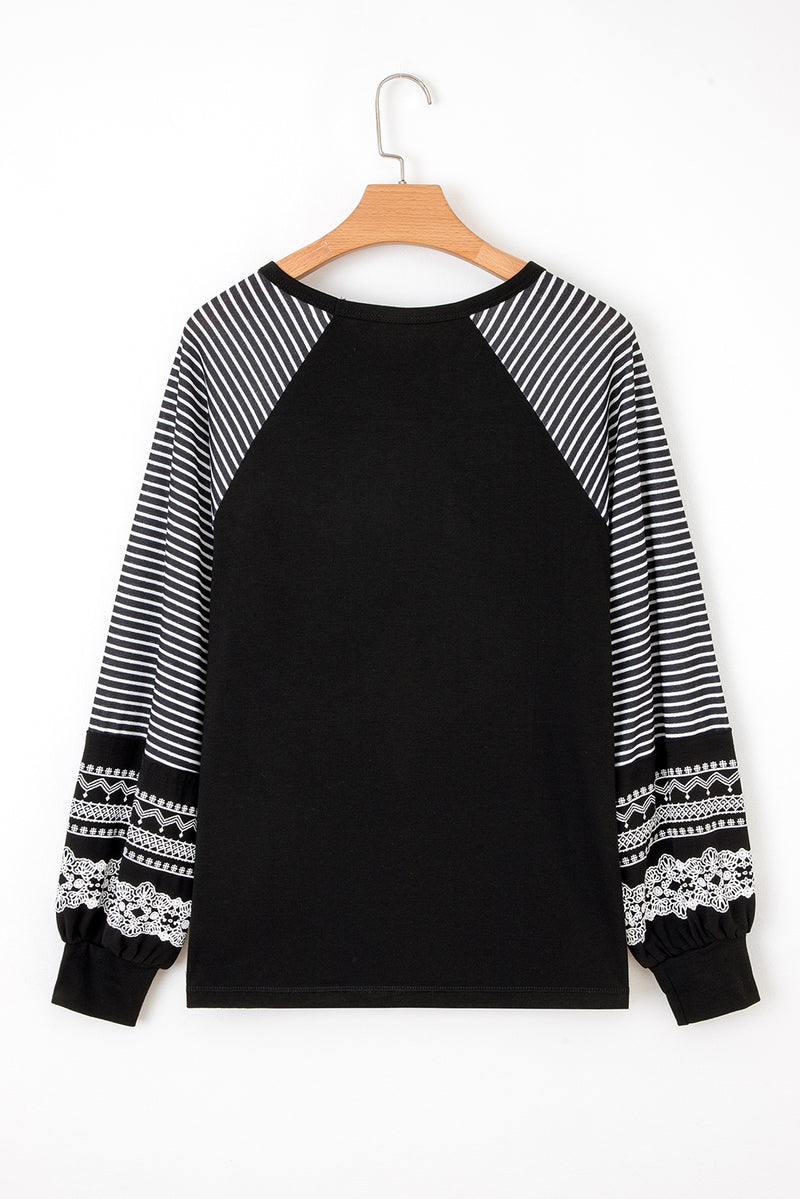 Hazel Blues® |  Black Contrast Print Striped Raglan Long Sleeve Loose Top