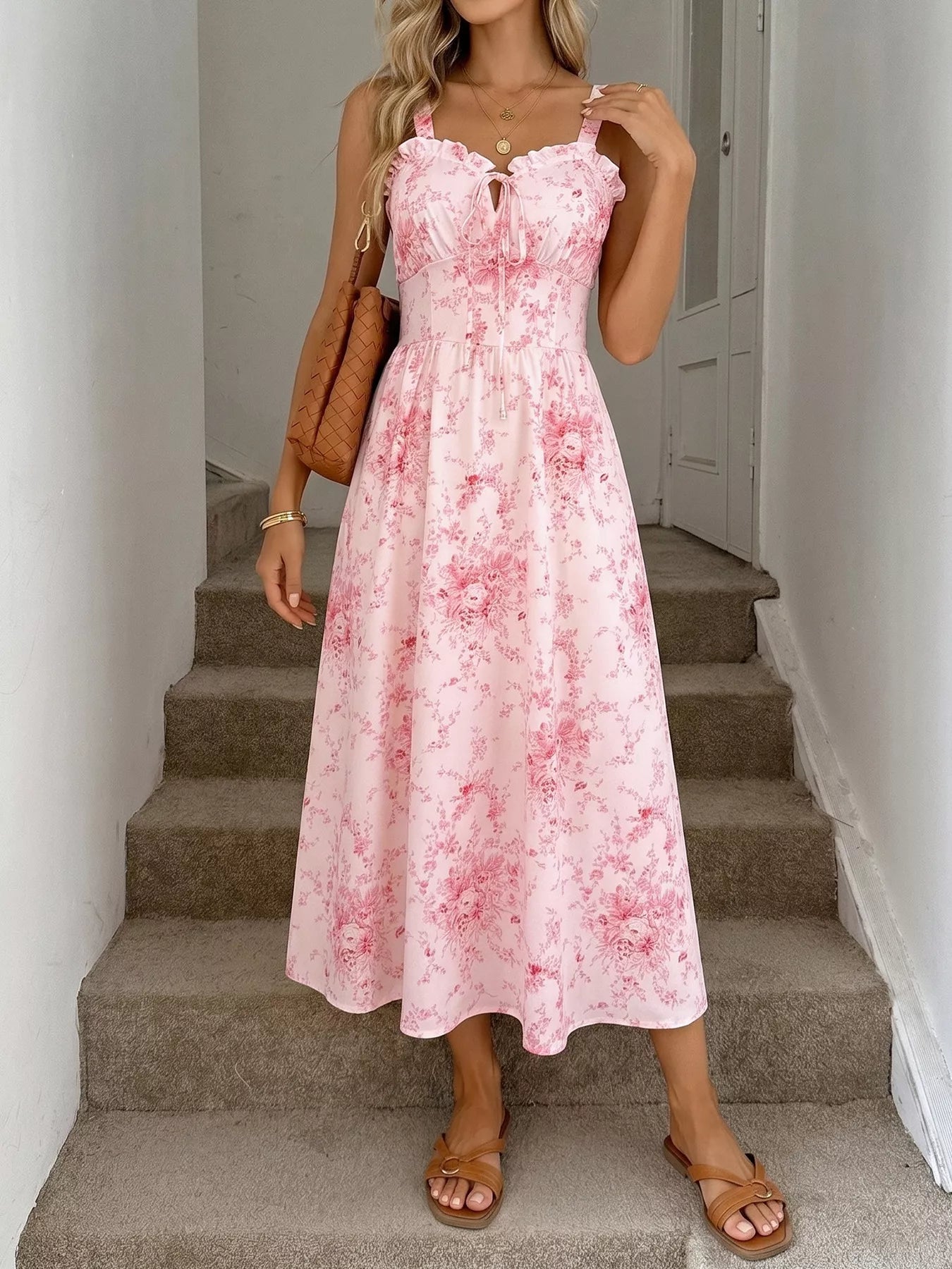 knee length dresses for ladies Floral Print Trim Cami Midi Dress for Spring and Summer Garden Parties - Multicolor main image 0