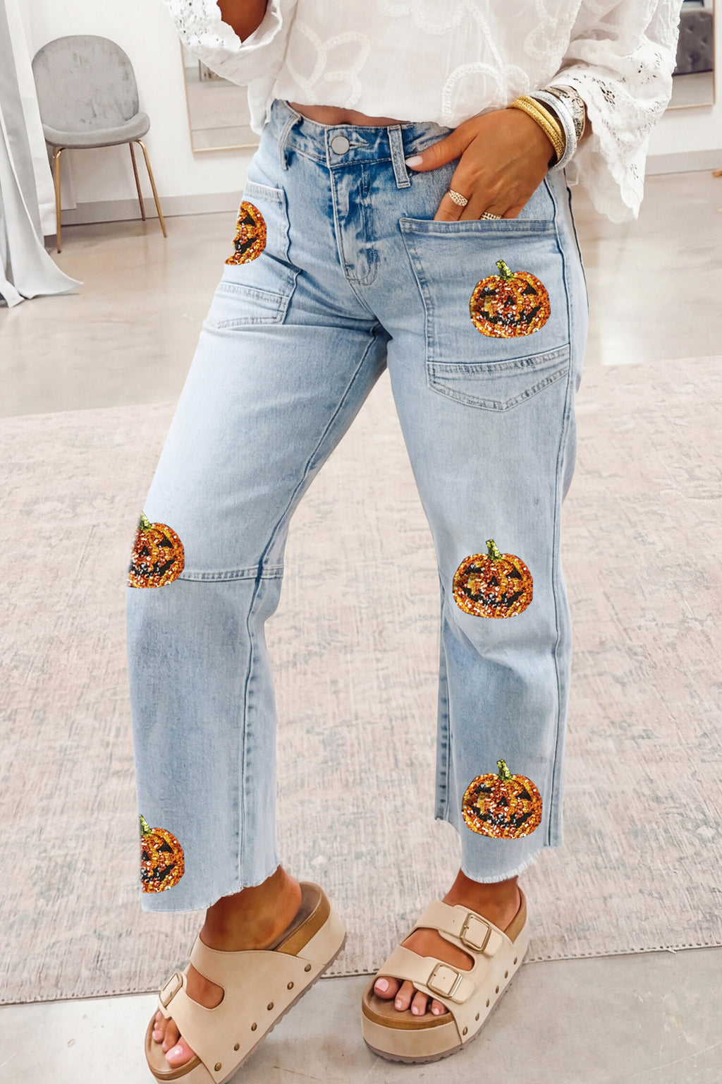 Lucy Kate Blue Halloween Pumpkin Sequin Jeans