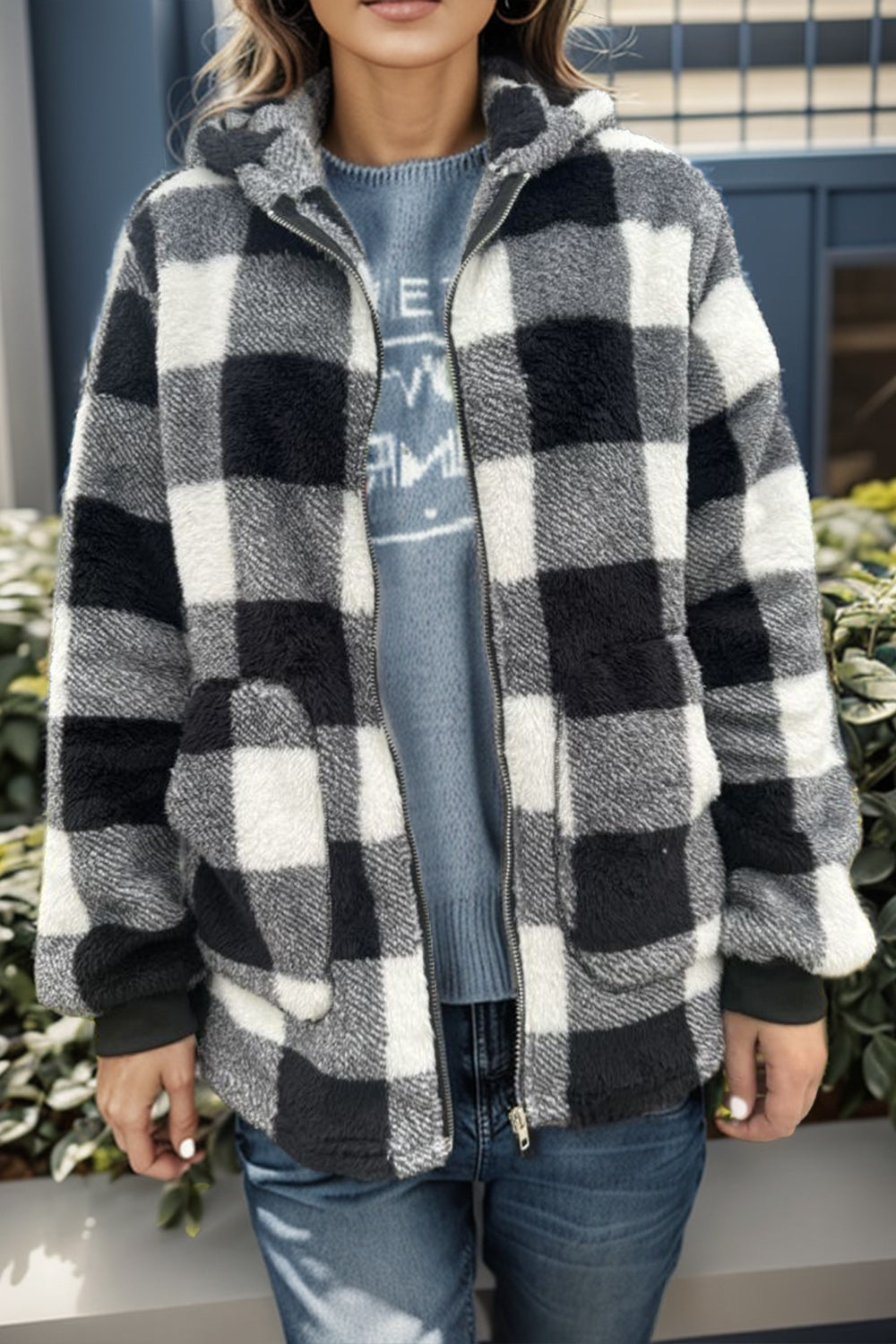 Hazel Blues® |  Double Take Plaid Long Sleeve Hooded Coat