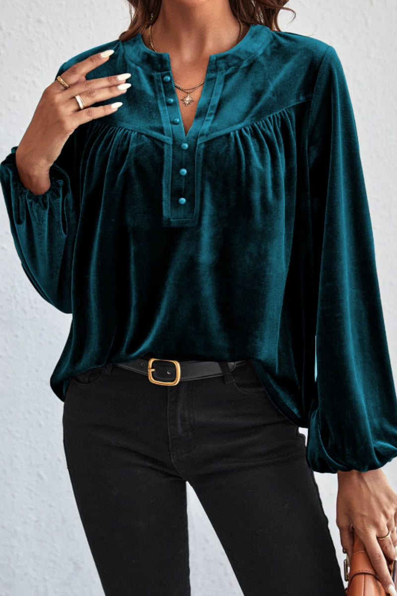 Hazel Blues® |  Notched Long Sleeve Velvet Top