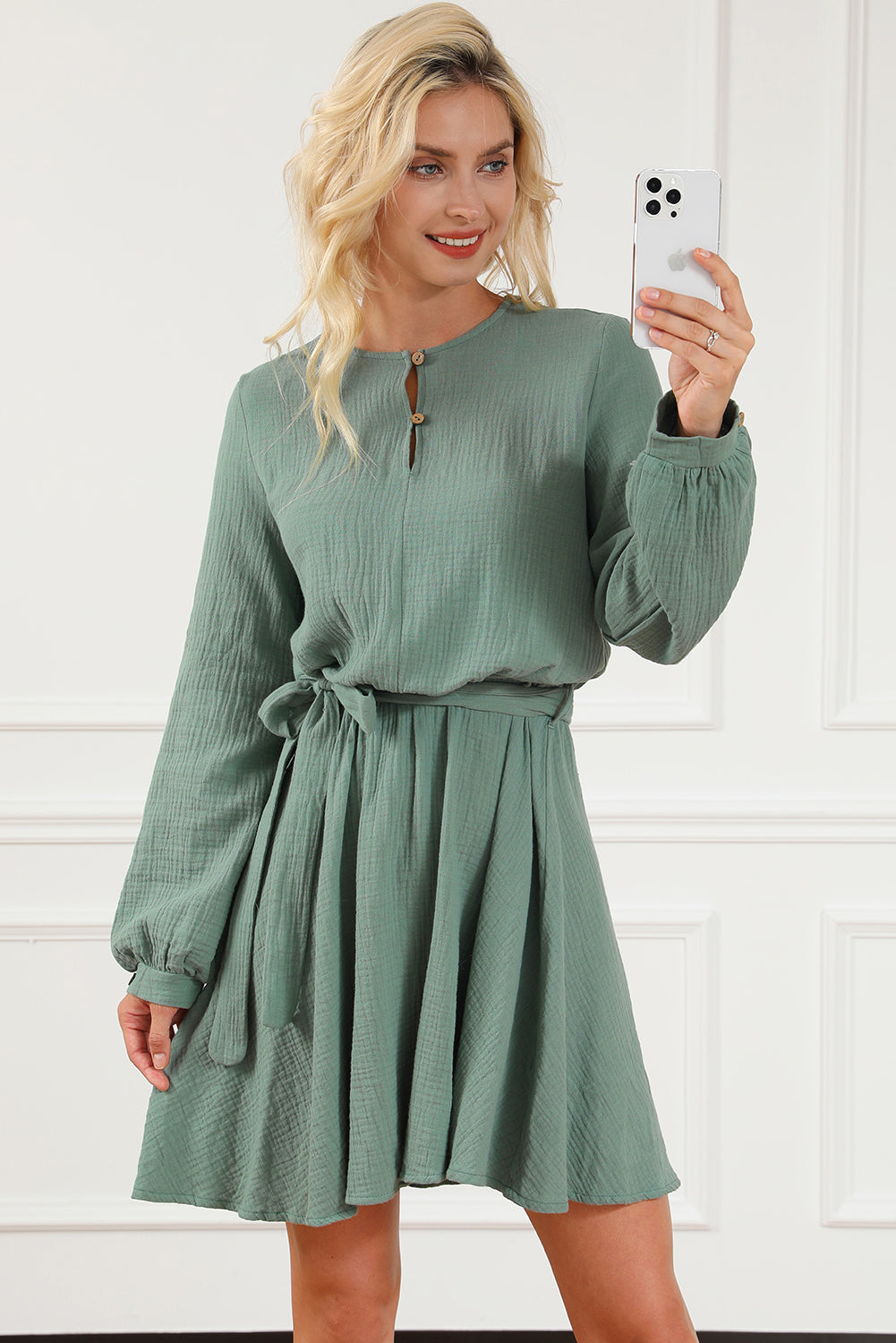 Hazel Blues® |  Round Neck Long Sleeve Tie Waist Dress