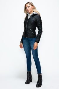 Hazel Blues® |  YMI Faux Layered Double-Zipper Jacket with Fuzzy Hood