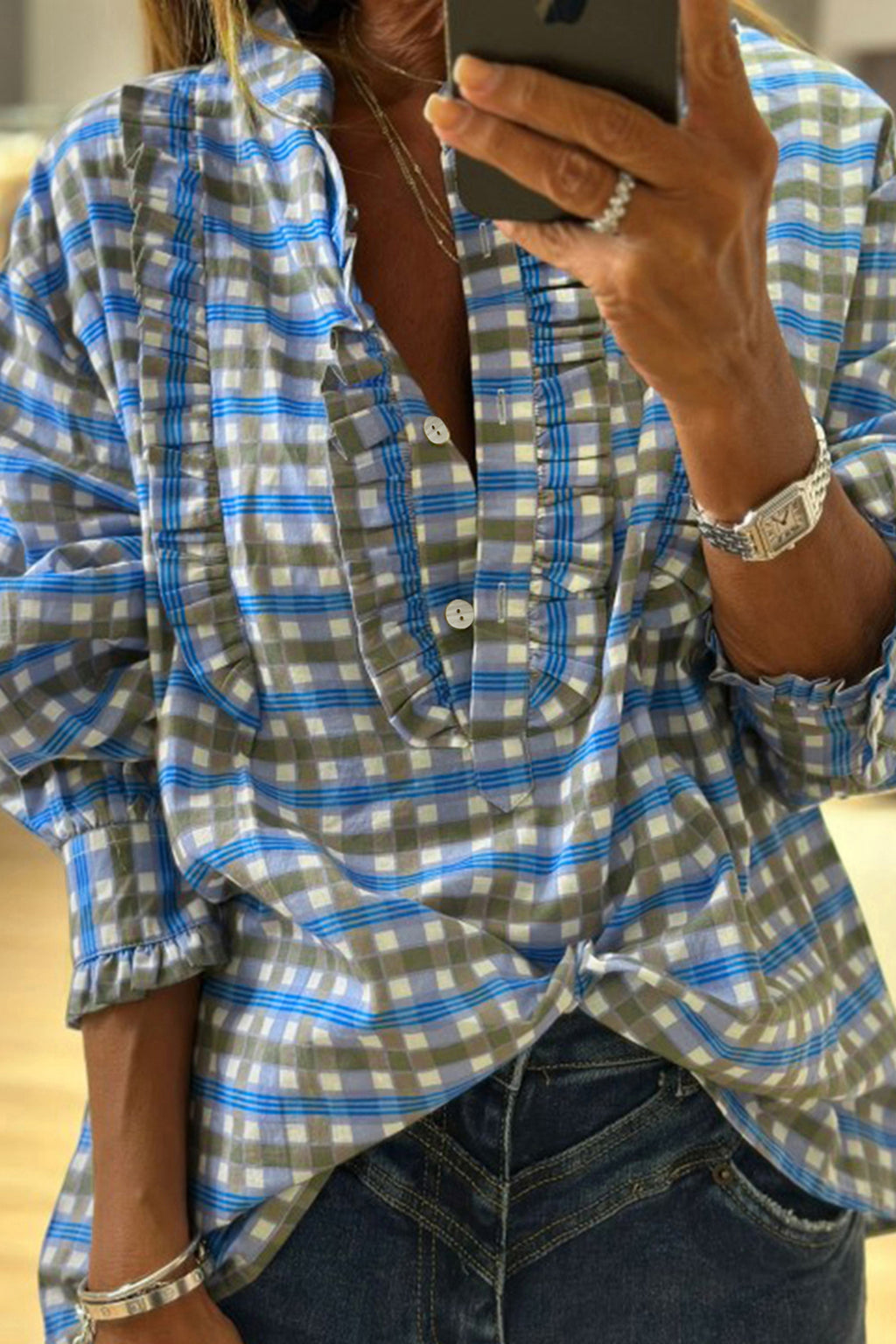 Sky Blue Plaid Long-Sleeve Frilled Detail Half-Button Blouse