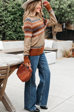 Hazel Blues® |  Khaki Aztec Print Colorblock Crew Neck Sweater