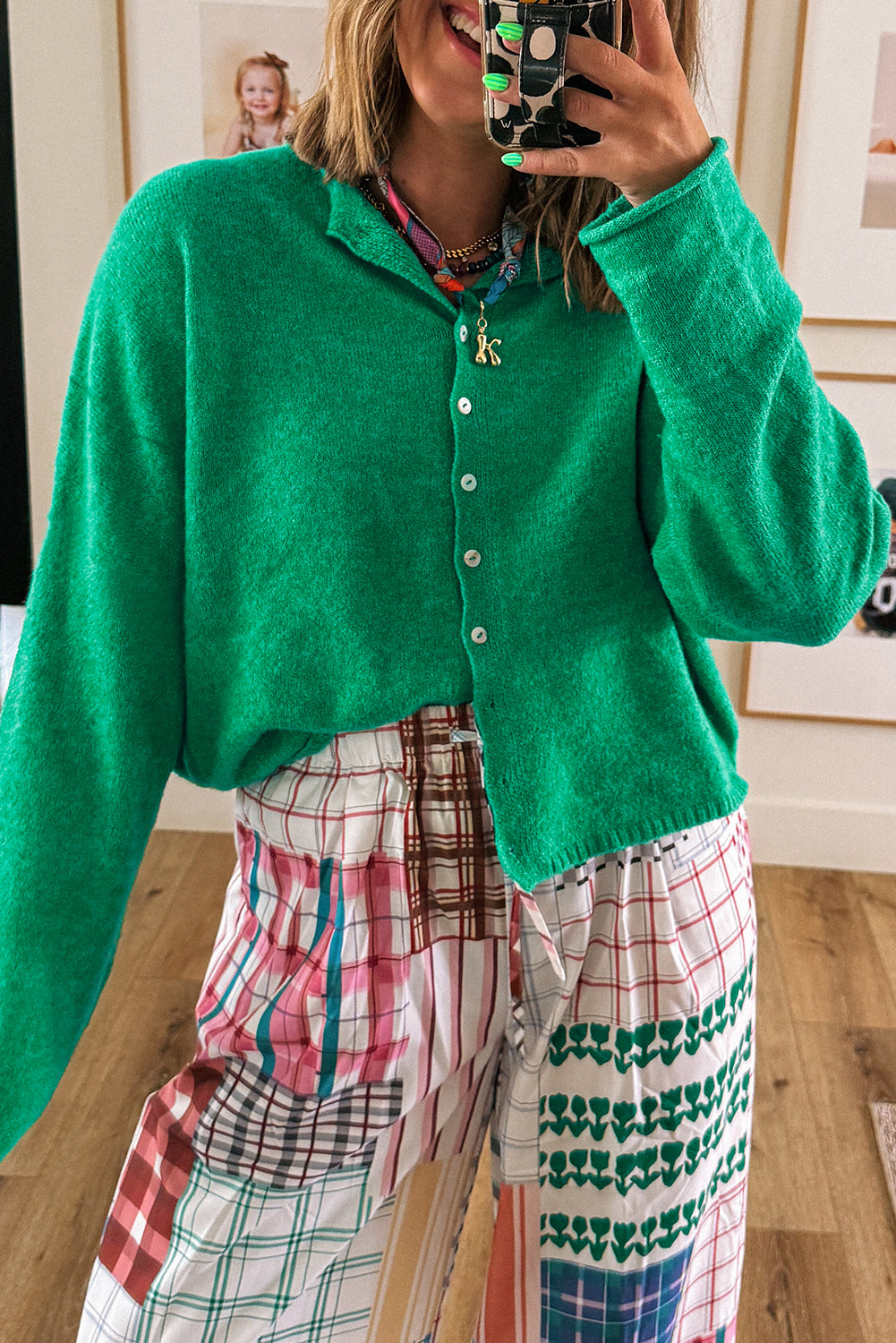 Hazel Blues® |  Bright Green Solid Color Knit Button Drop Shoulder Sweater Cardigan