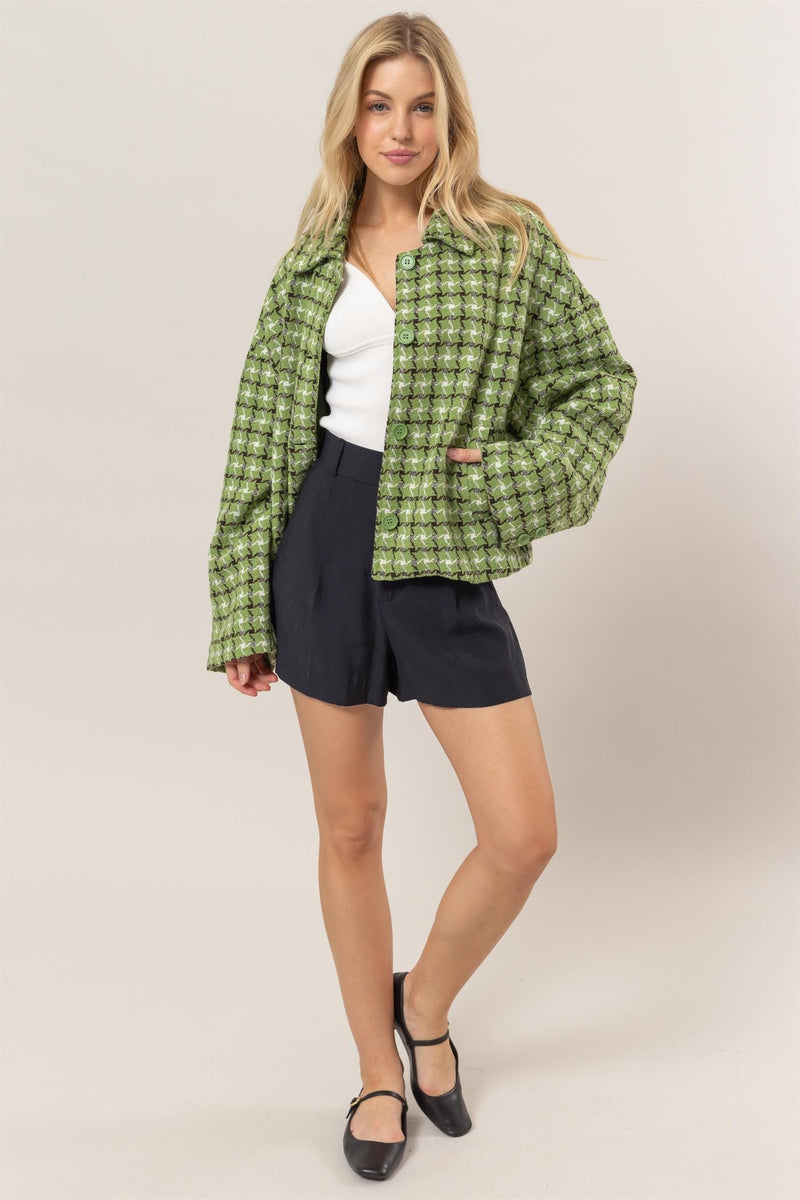 Hazel Blues® |  HYFVE Tweed Plaid Button Up Collared Neck Jacket