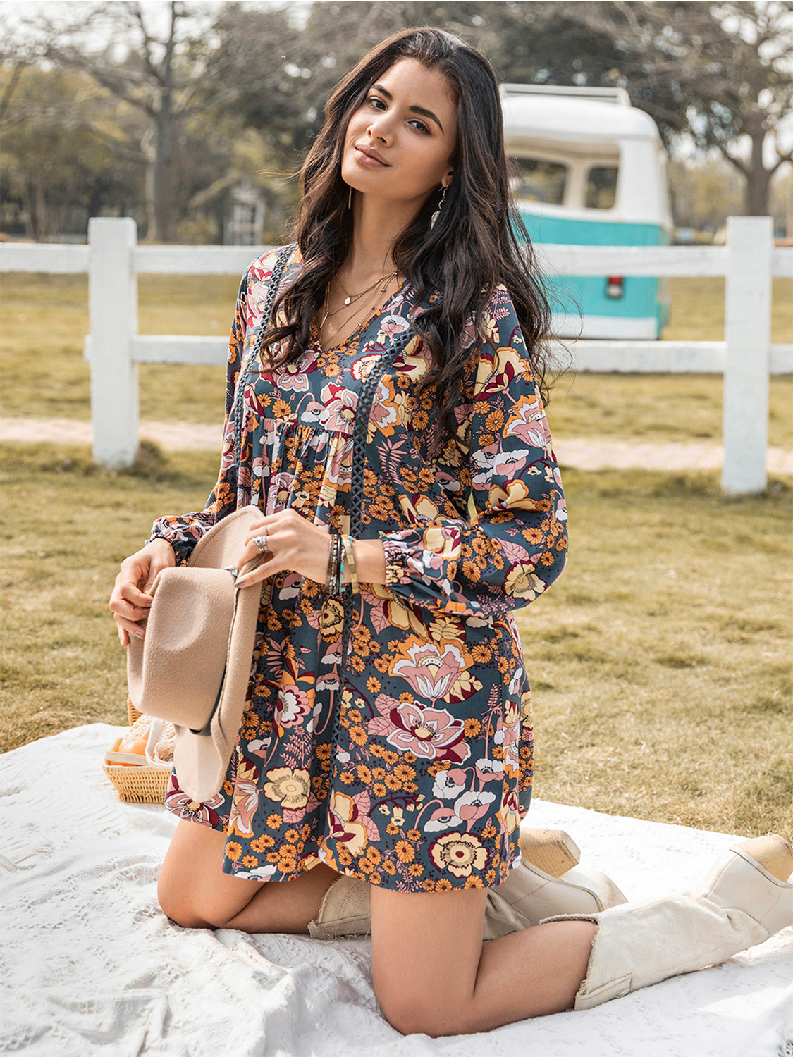 Hazel Blues® |  Floral Ruched V-Neck Long Sleeve Dress