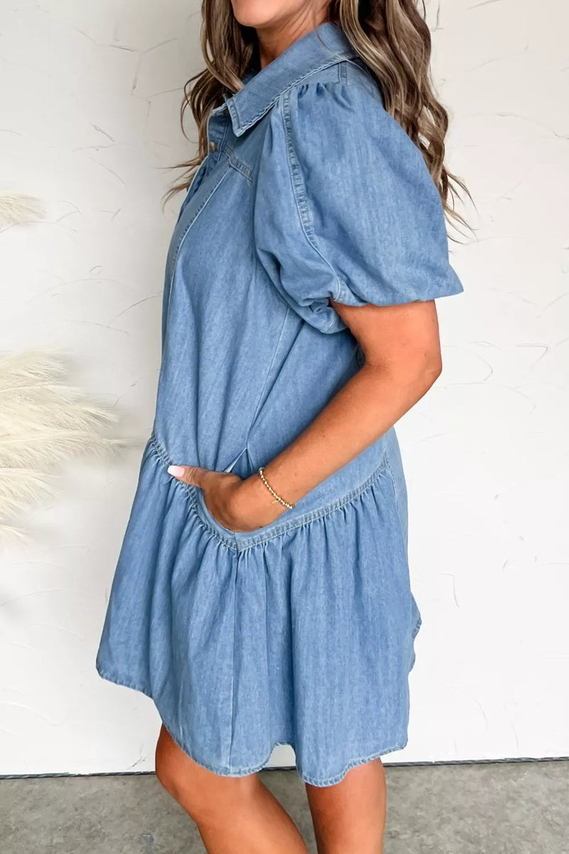 Hazel Blues | Button Down Short Puff Sleeve Ruffle Hem Denim Dress