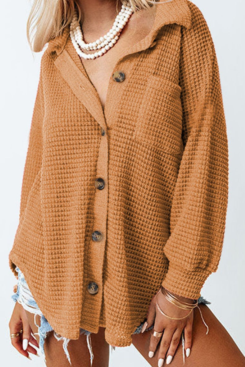 Hazel Blues® |  Waffle-Knit Collared Neck Long Sleeve Shirt