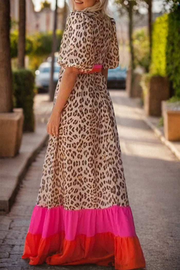 Hazel Blues® |  Leopard V-Neck Half Sleeve Maxi Dress