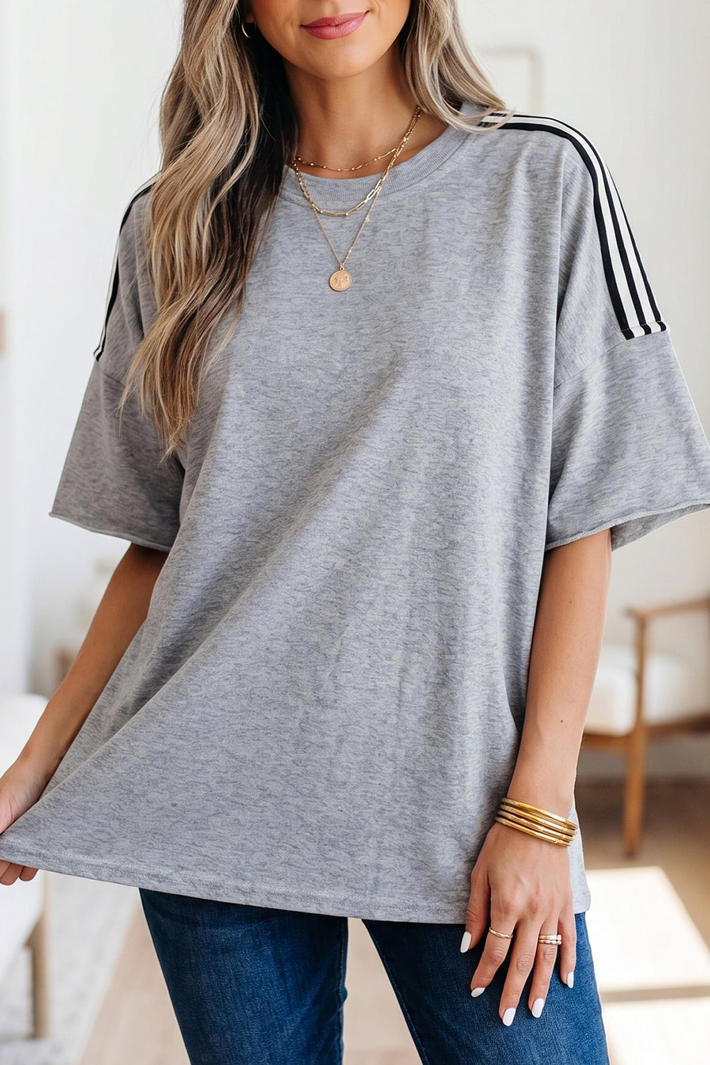 Light Grey Patchwork Detail Raw-Edge Oversize Tee