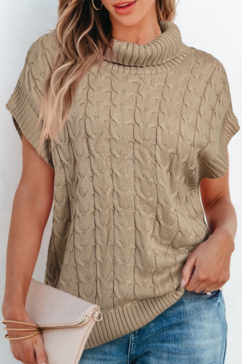 Hazel Blues® |  Cable Knit Turtleneck Short Sleeve Sweater