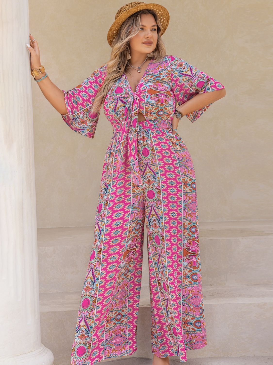 Hazel Blues® | Printed Half Sleeve Wide Leg Jumpsuit