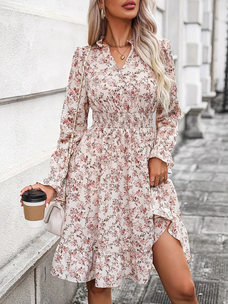 Hazel Blues® |  Ruffle Hem Floral Surplice Long Sleeve Dress