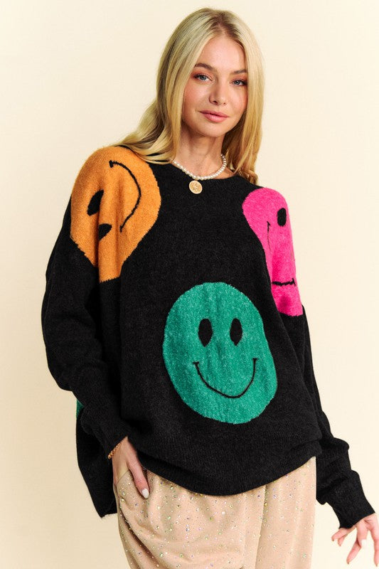 Hazel Blues® |  Davi & Dani Contrast Smile Round Neck Oversize Sweater