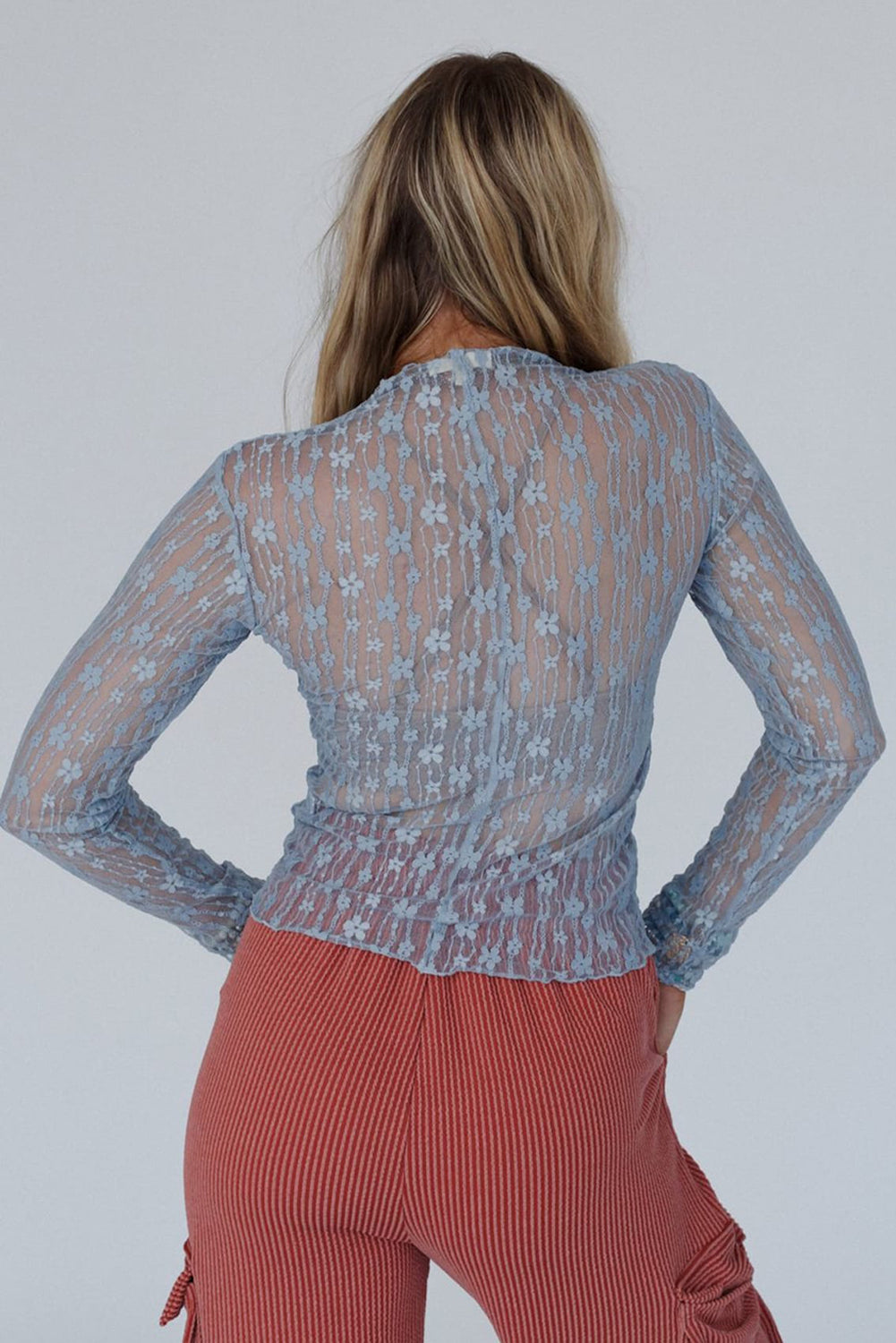 Hazel Blues® |  Ashleigh Blue Sheer Floral Lace Long Sleeve Slim Fit Top