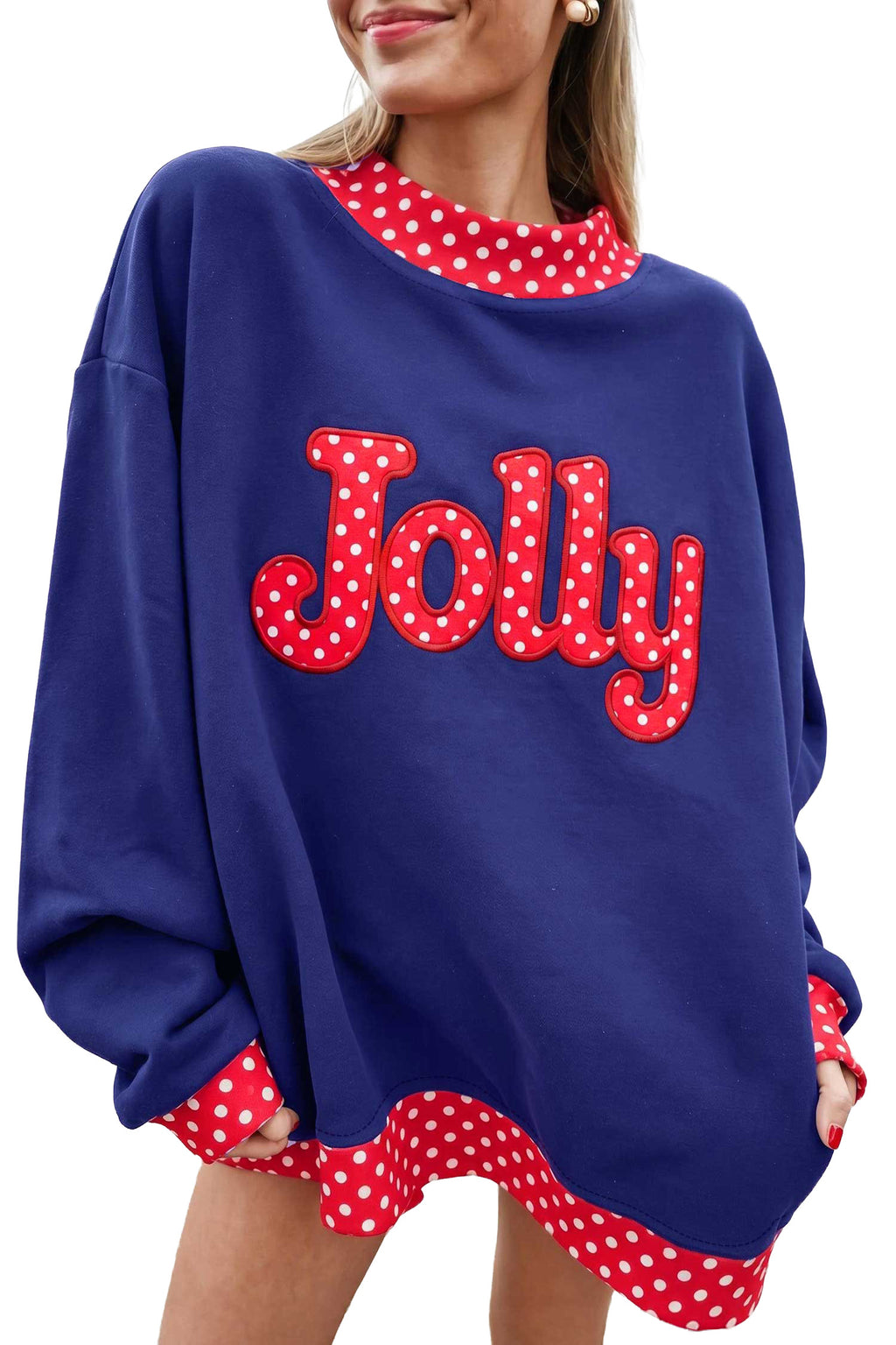 Georgia Rae Polka-Dot Mock-Neck Sweatshirt — Dirty Blue