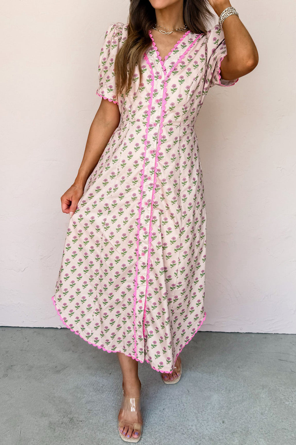 Pink Floral-Print V-Neck Scallop Trim Button-Front Short-Sleeve Long Dress