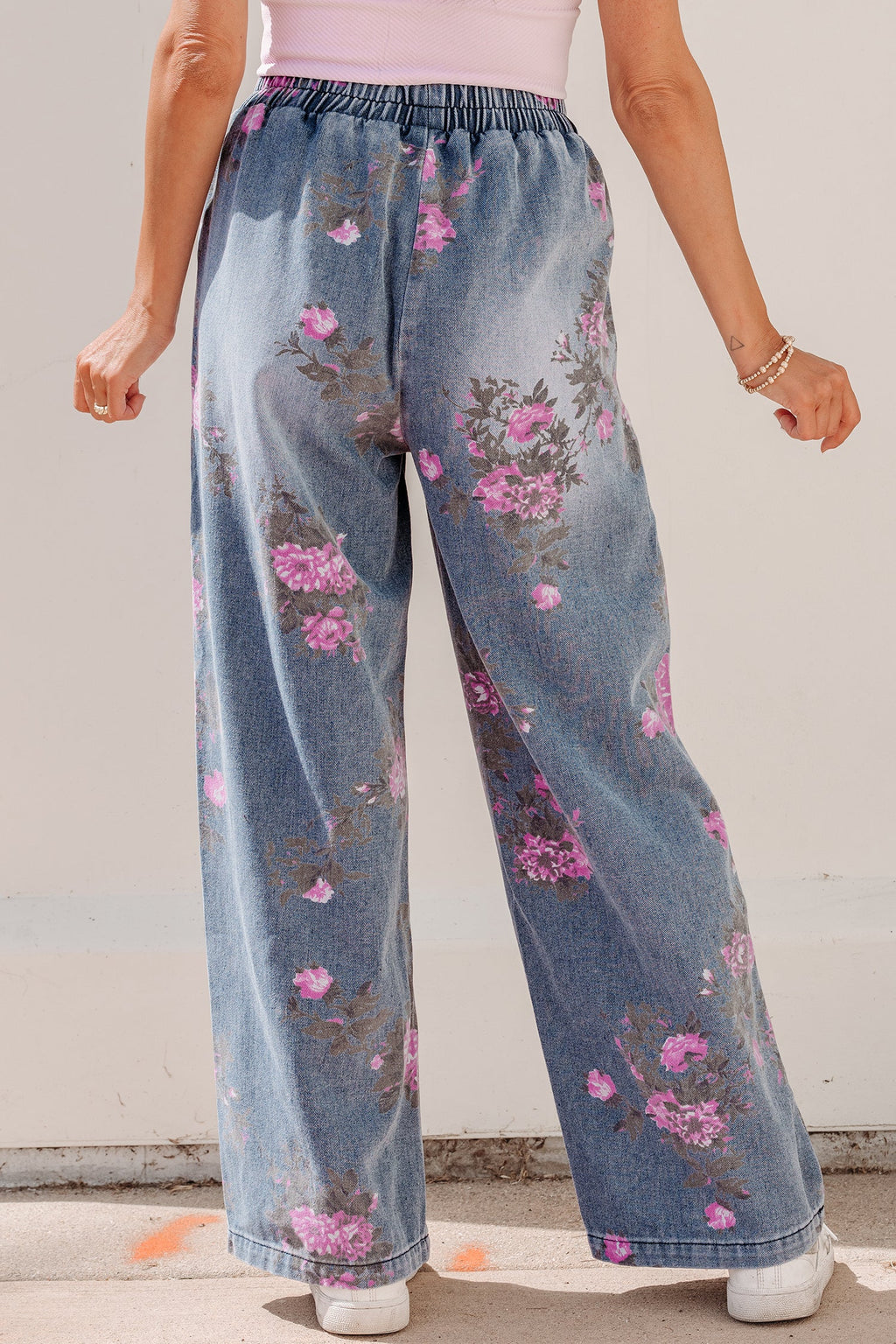 Elastic Waist Floral Print Pull On Casual Jeans | Floral Jeans