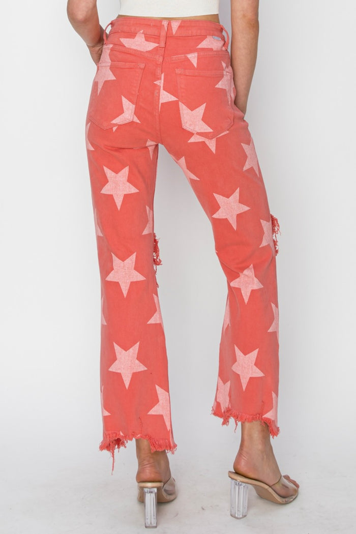 Hazel Blues® |  RISEN Distressed Raw Hem Star Pattern Jeans