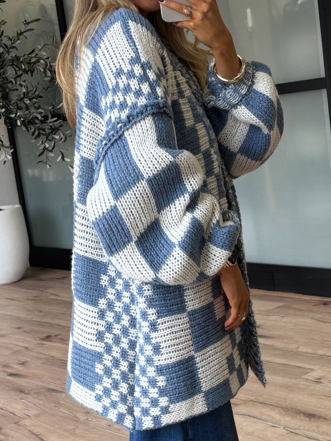 Hazel Blues® |  Checkered Open Front Long Sleeve Cardigan