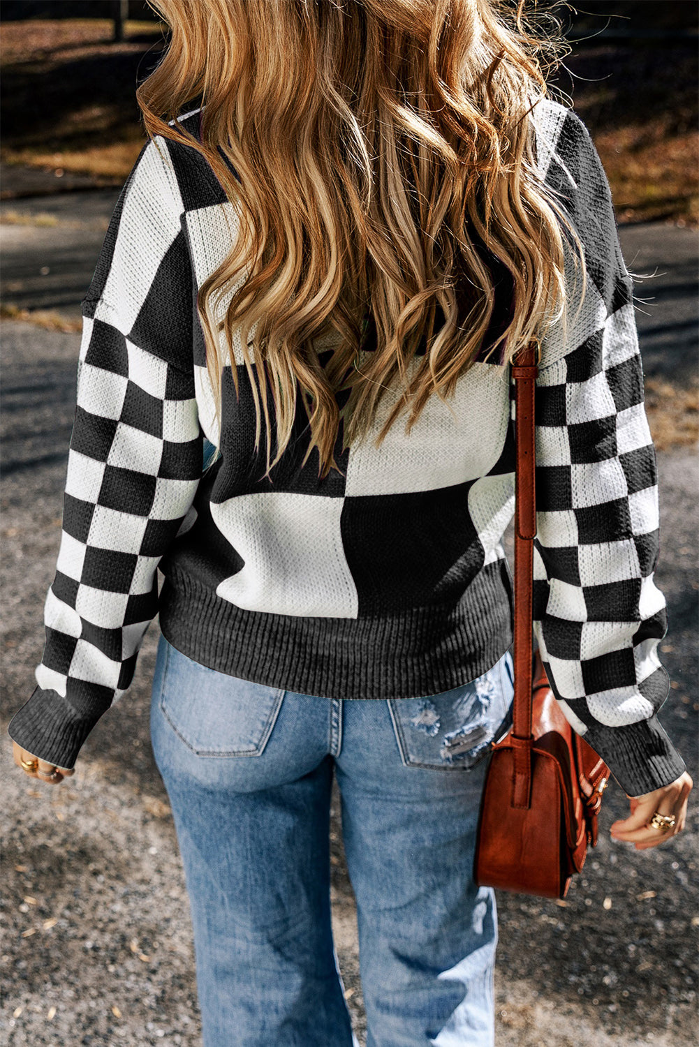 Hazel Blues® |  Checkered Round Neck Drop Shoulder Sweater