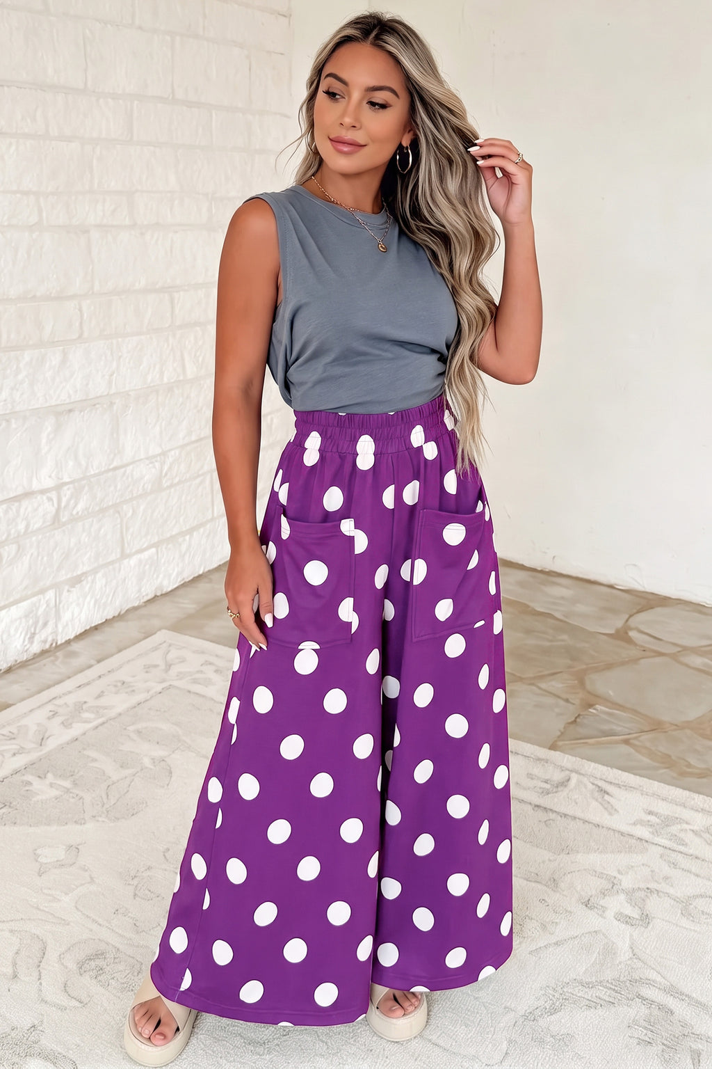 Purple Polka Dot Wide-Leg Pants