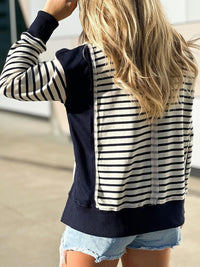 Hazel Blues® |  Slit Exposed Seam Striped Long Sleeve Sweatshirt