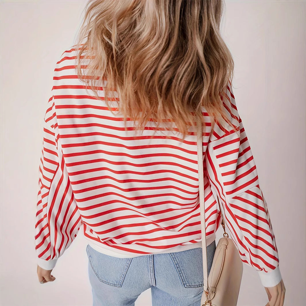 Hazel Blues® | Striped Round Neck Long Sleeve Sweatshirt