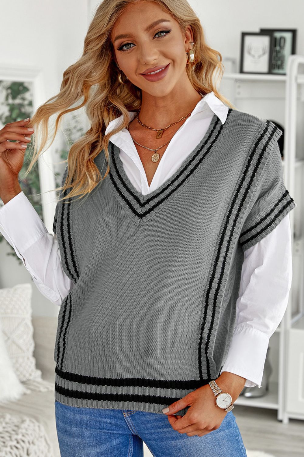 Hazel Blues® |  Striped Trim V-Neck Sweater Vest