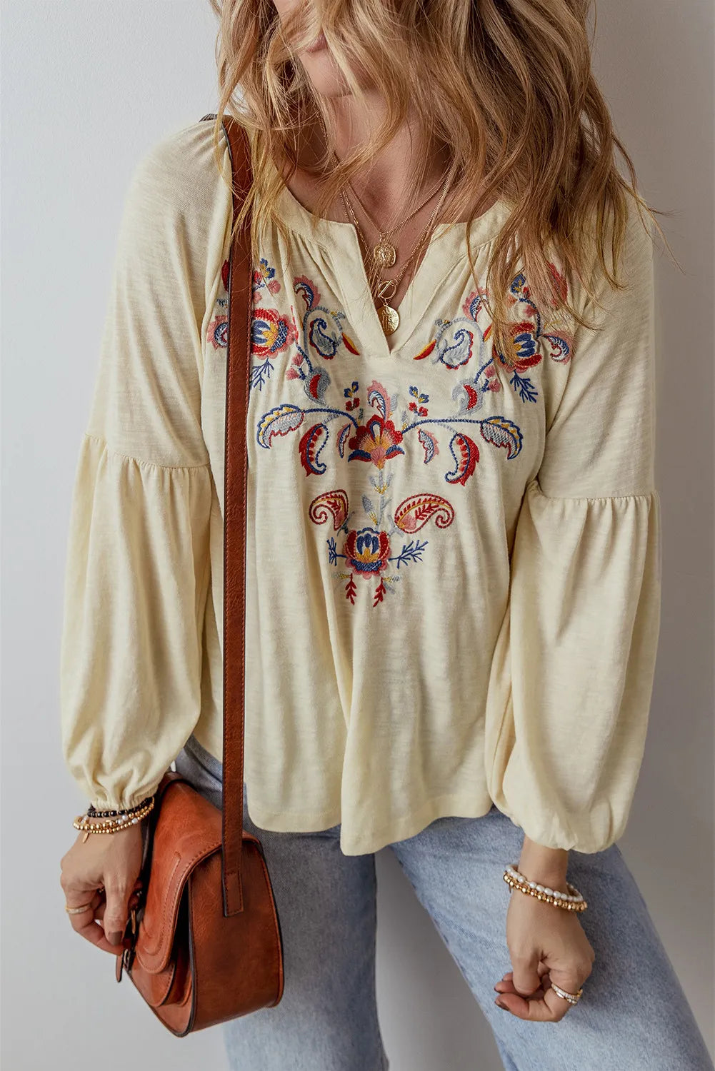 Hazel Blues® |  Embroidered Notched Long Sleeve Blouse