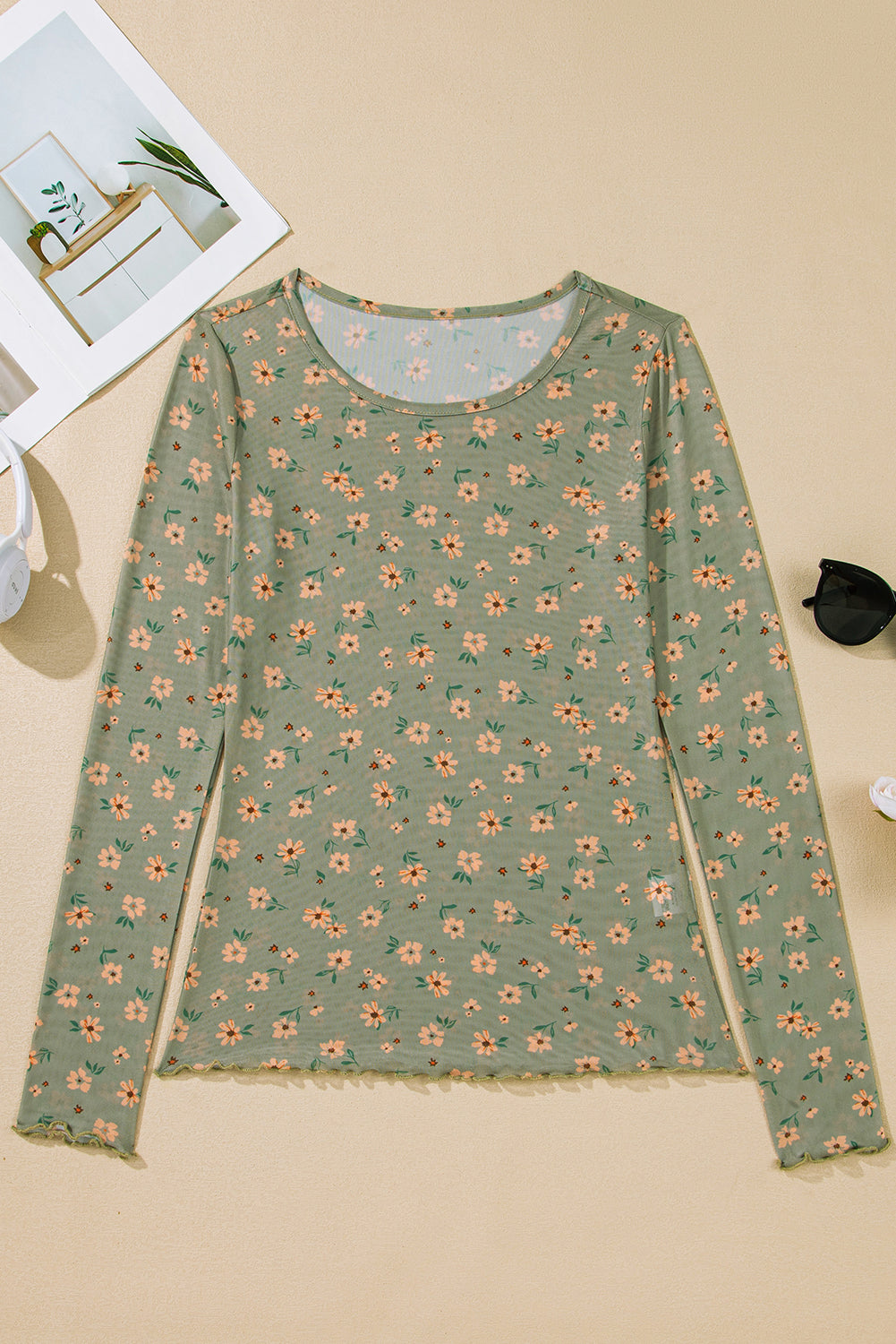 Hazel Blues® |  Laurel Green Vintage Floral Print Southern Style Mesh Long Sleeve Top
