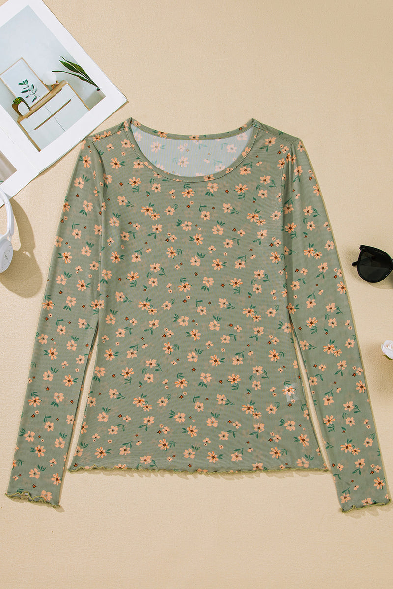 Hazel Blues® |  Laurel Green Vintage Floral Print Southern Style Mesh Long Sleeve Top