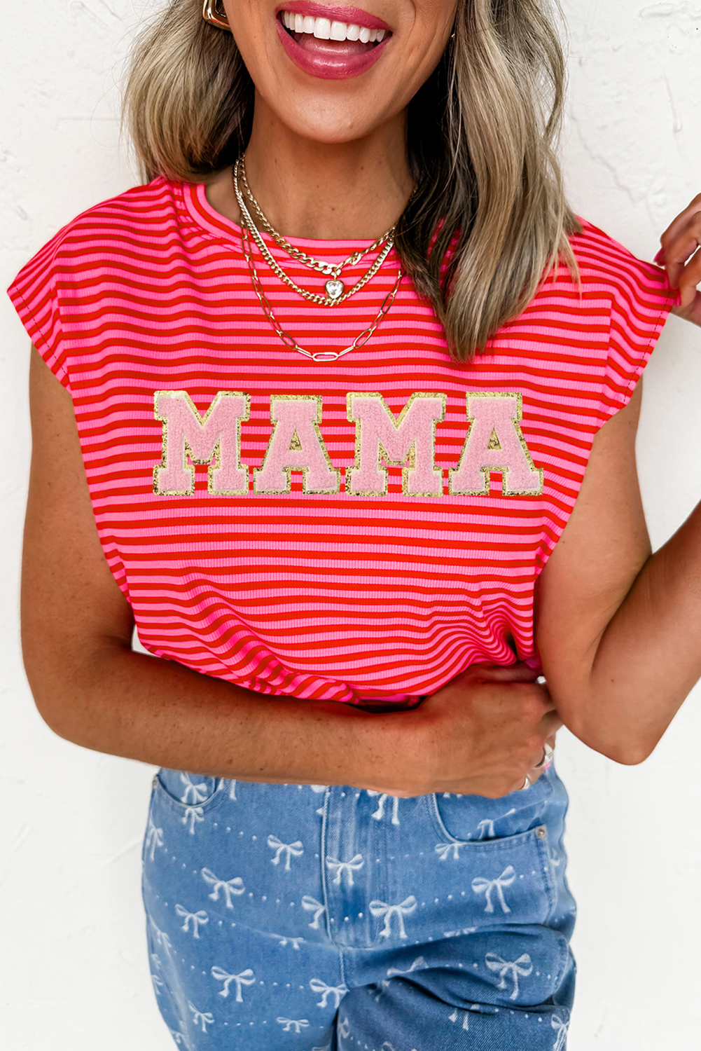 Hazel Blues® |  Red Stripe MAMA Graphic Cap Sleeve T Shirt