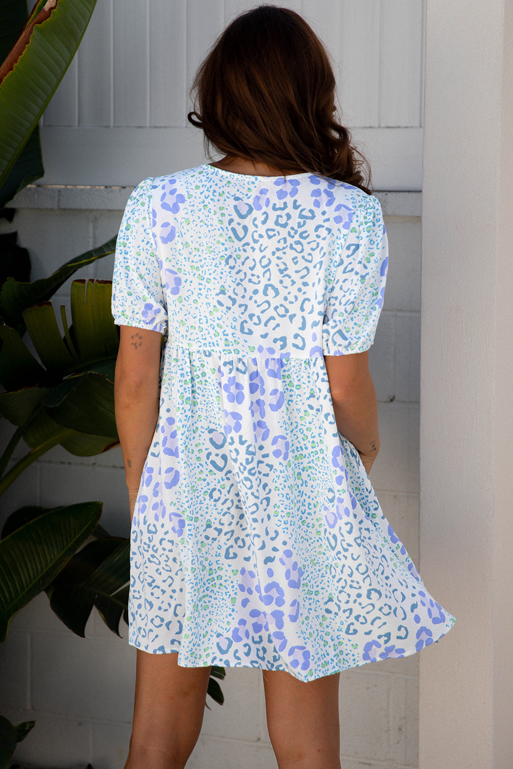 Bow Puff Leopard Contrast Sleeve Mini Dress | Leopard Puff Sleeve Bow Dress